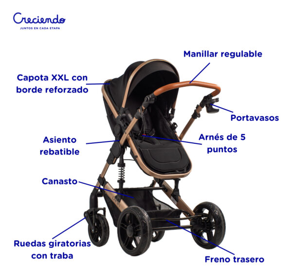 Cochecito de paseo travel system Mega Baby 3 en 1 Lanin Travel System negro con chasis color dorado - Image 3