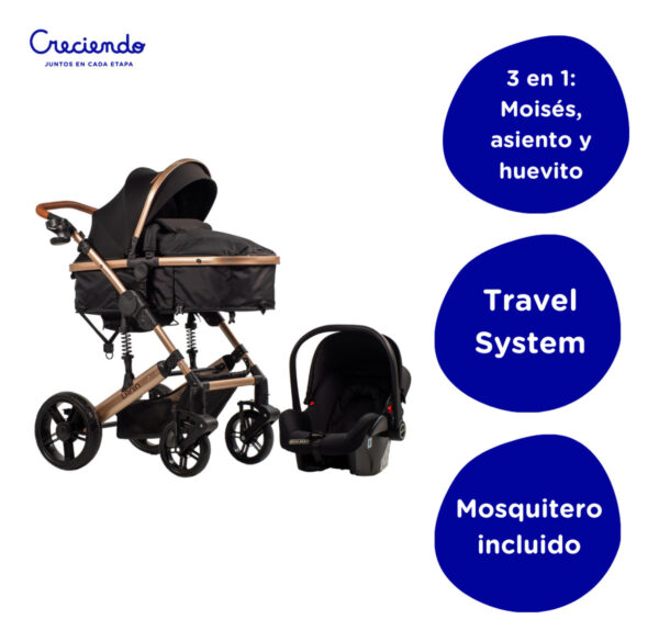 Cochecito de paseo travel system Mega Baby 3 en 1 Lanin Travel System negro con chasis color dorado - Image 7