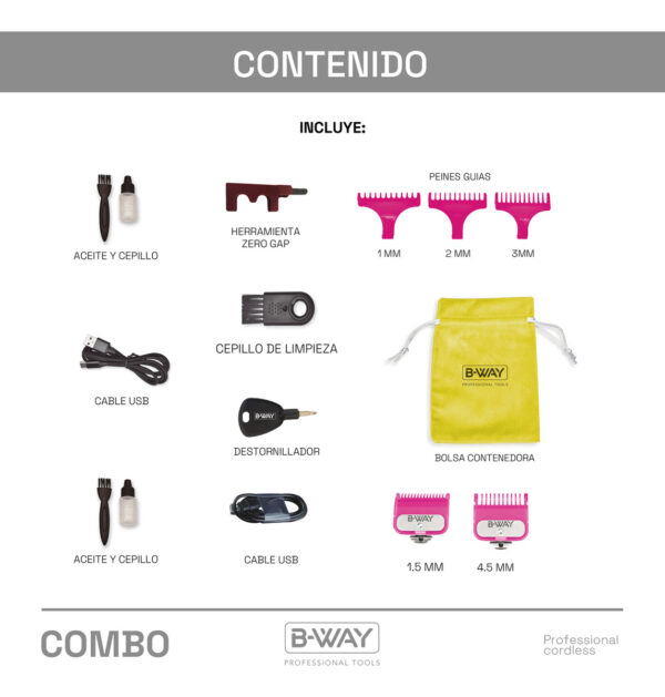 Set barbería Corta Pelo Bway Urban Profesional Fade + Afeitadora Bway Zero Led + Trimmer One Patillera - Image 4